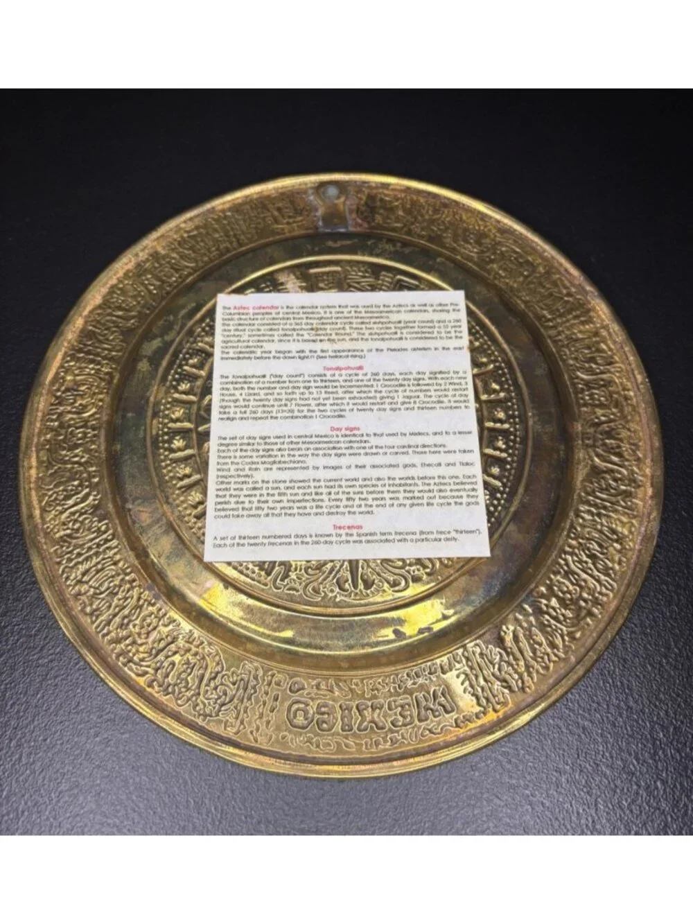 Vintage Mayan Aztec Sun Calendar Plate Brass Enamel Mexico Intricate Raised Art